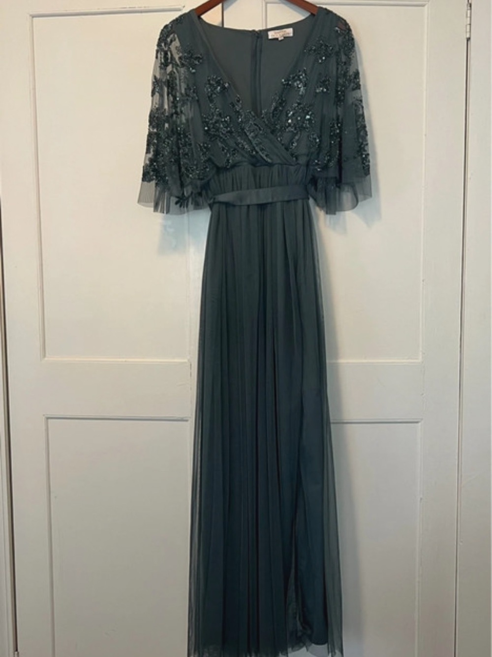 Boohoo Slate Green Embellished Tulle Maxi Dress